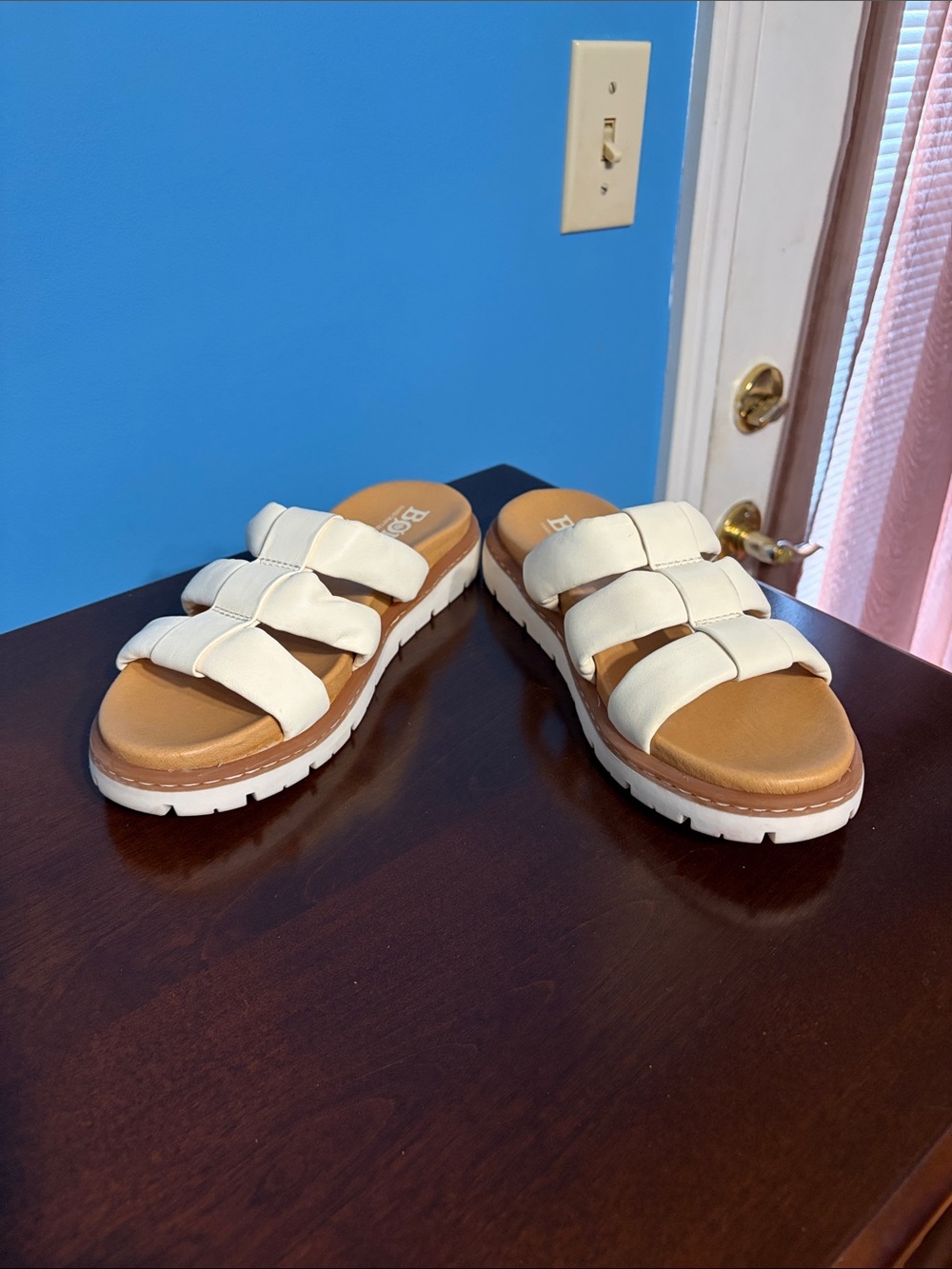 Born White Triple-Strap Slide Sandals with Tan Footbed